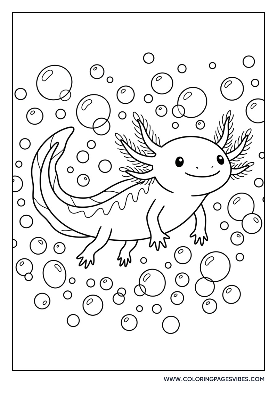 Axolotl Floating in Bubbles