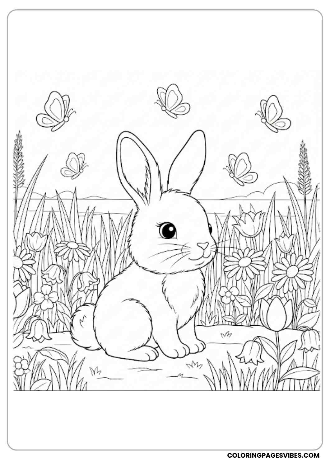 bunny sitting in garden with butterflies coloring page