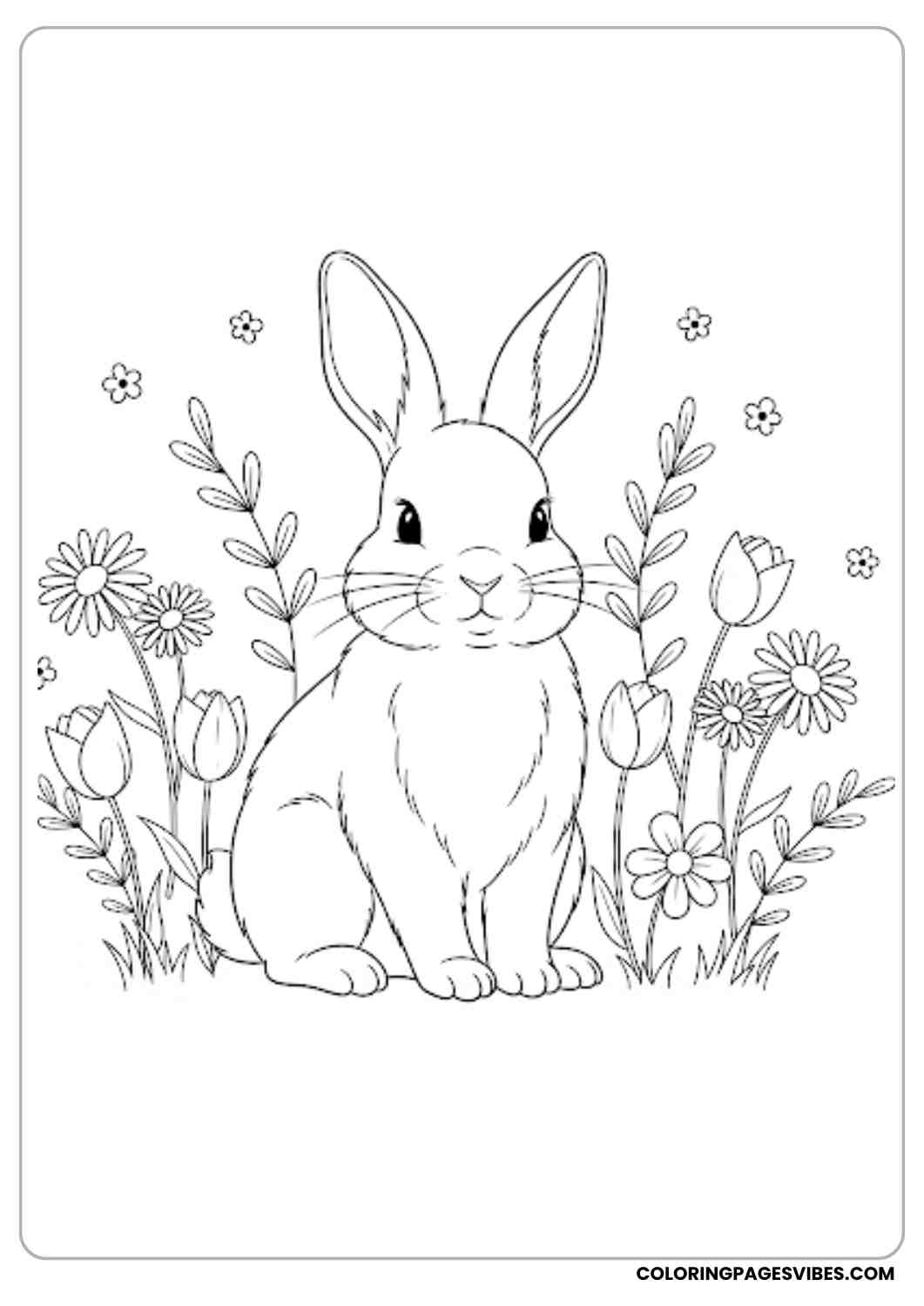 bunny sitting with flowers around coloring page