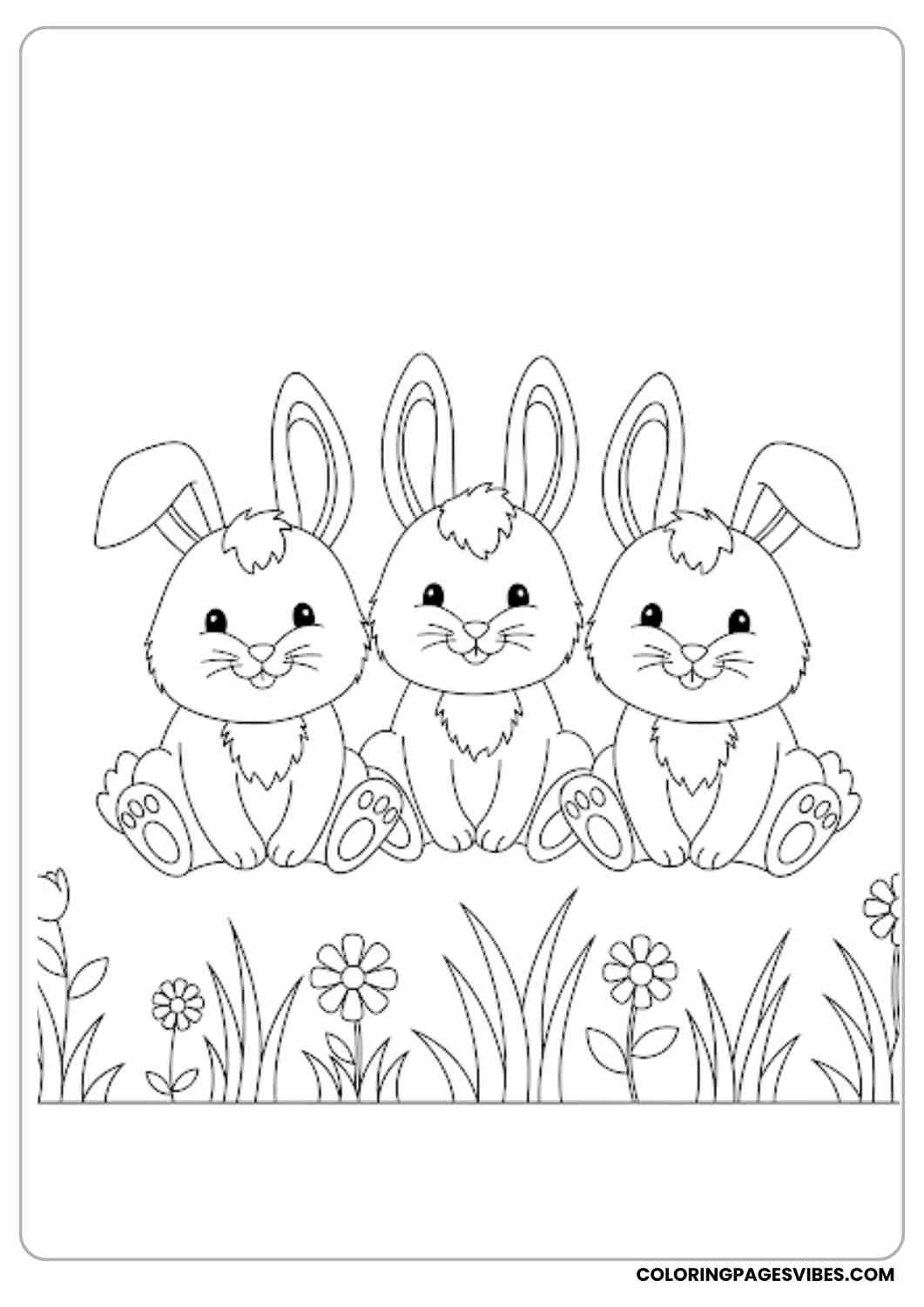 three bunnies sitting side by side coloring page