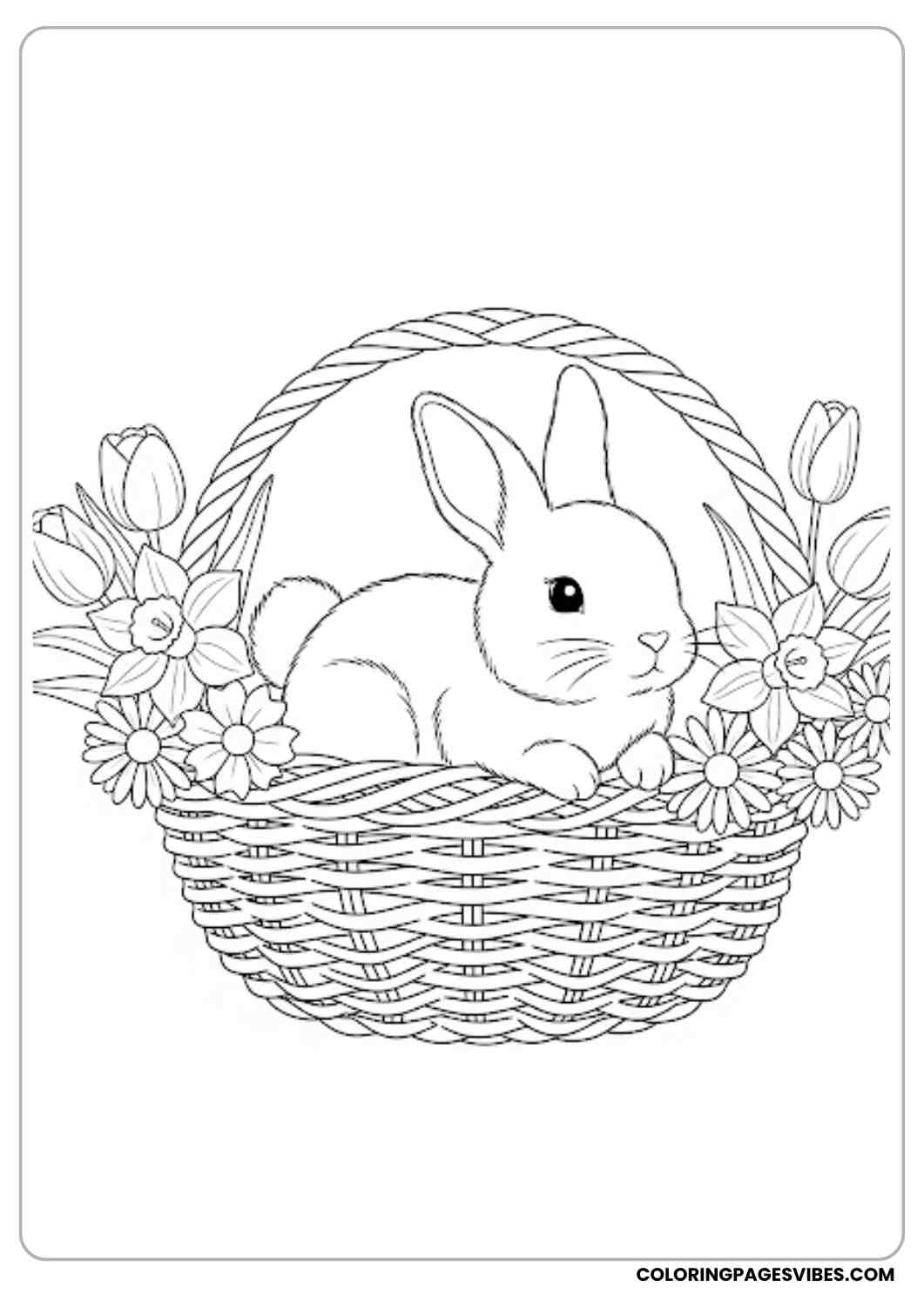 bunny inside basket with flowers coloring page