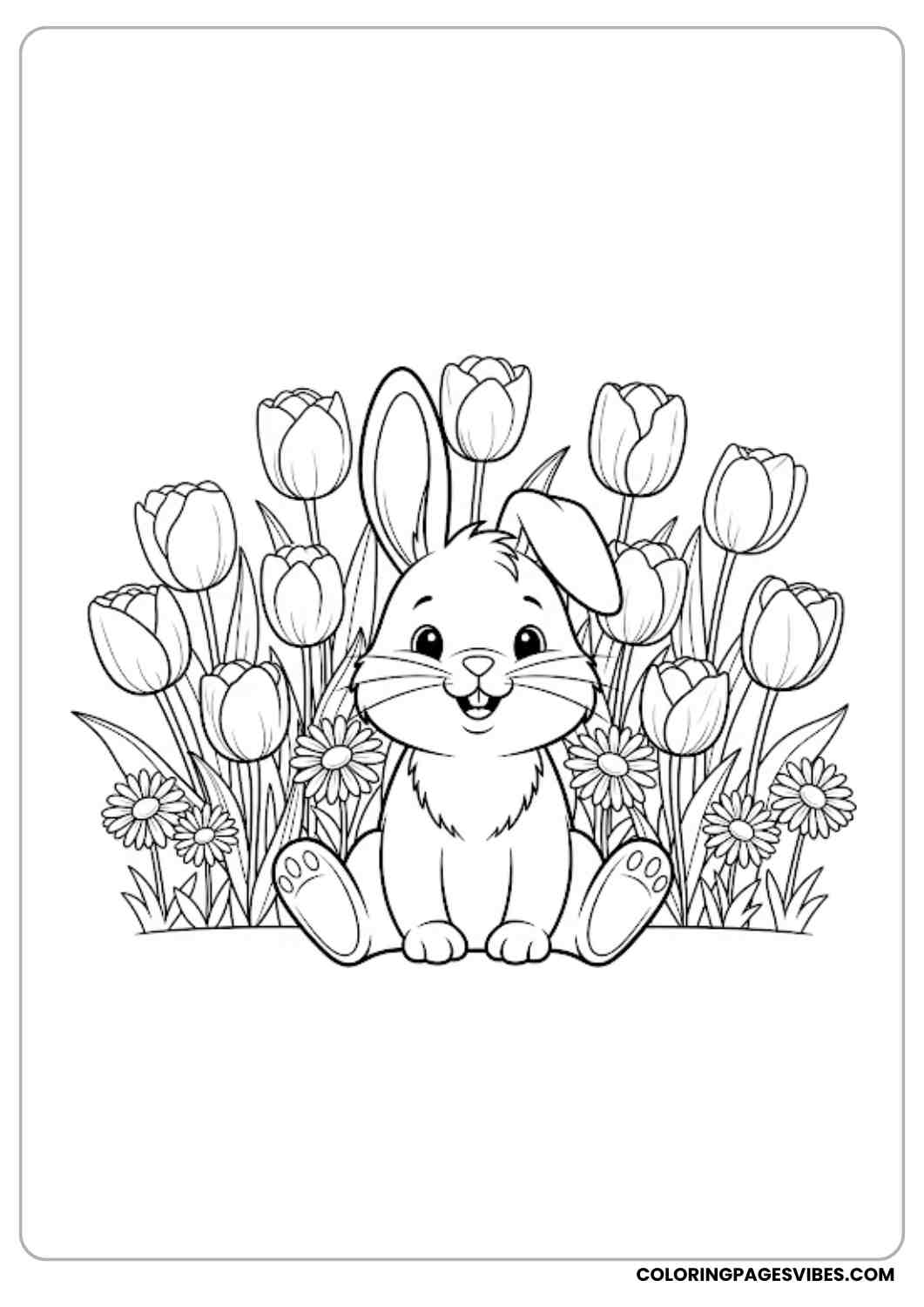 bunny sitting with tulips and daisies coloring page