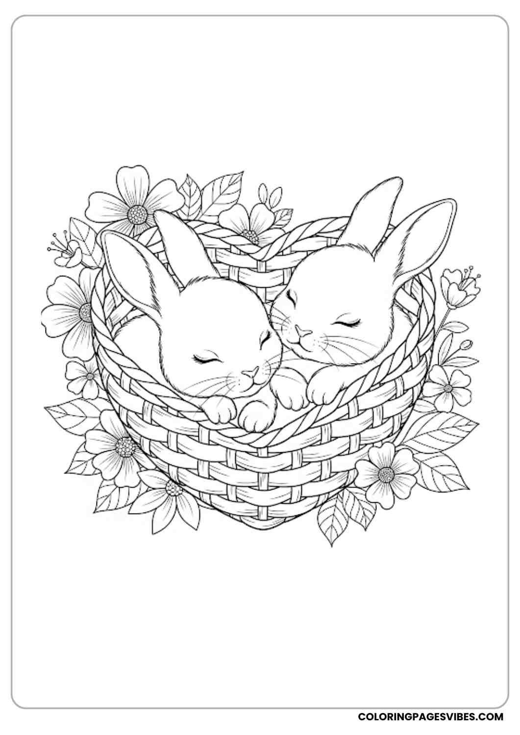 two bunnies cuddling in basket coloring page