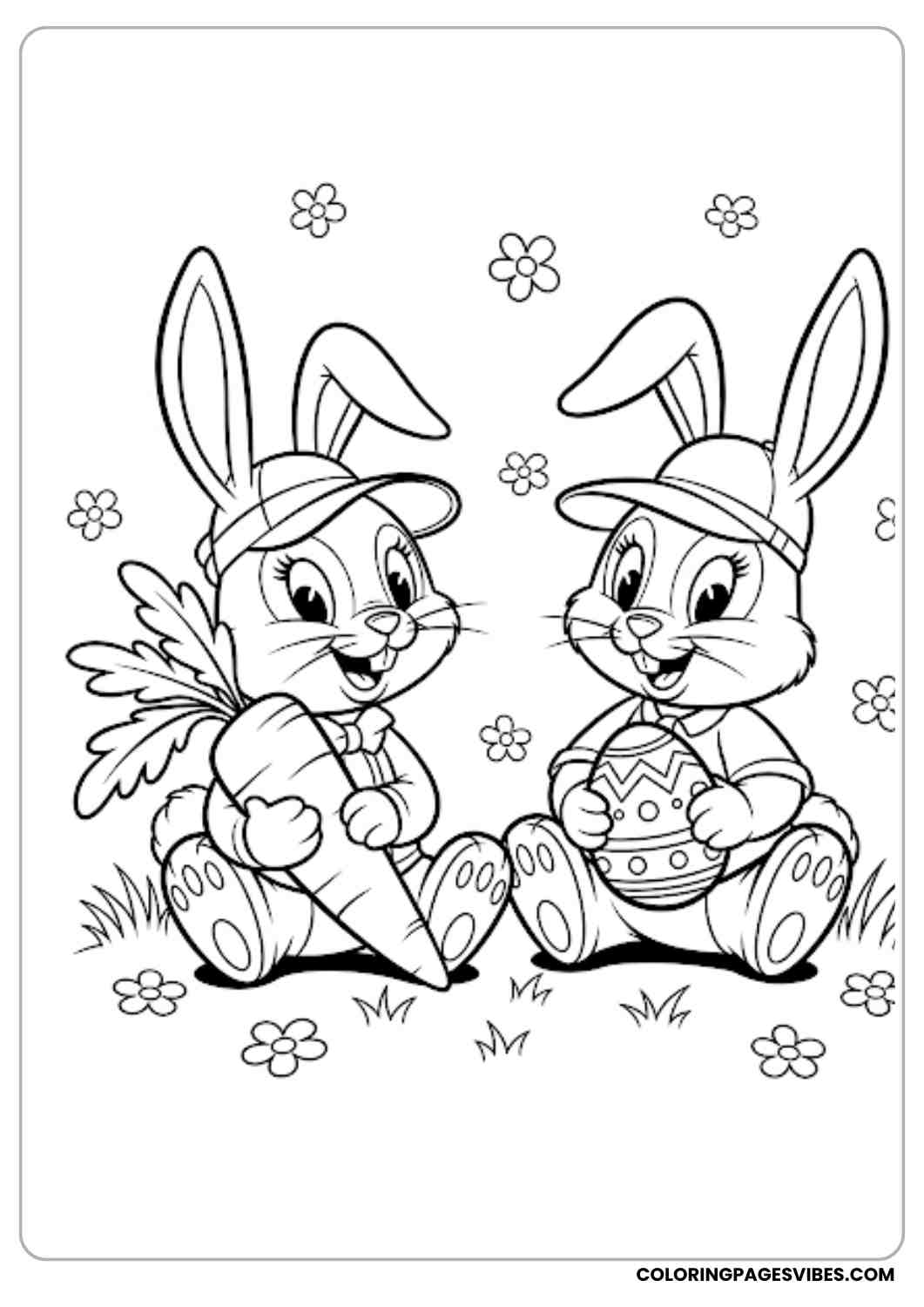 two bunnies with carrot and egg coloring page