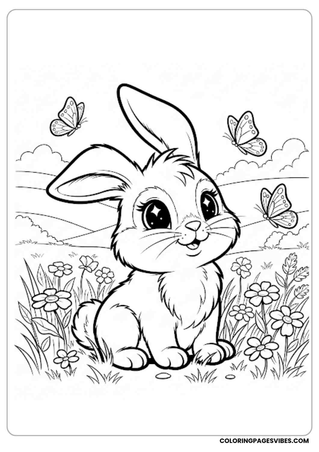 bunny sitting in meadow with butterflies coloring page
