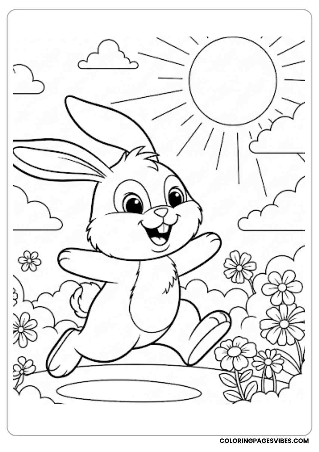 bunny hopping under sun with flowers coloring page
