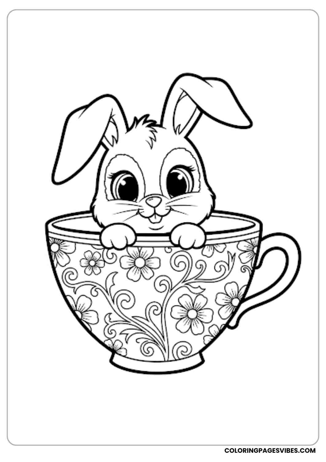 bunny peeking out of teacup coloring page