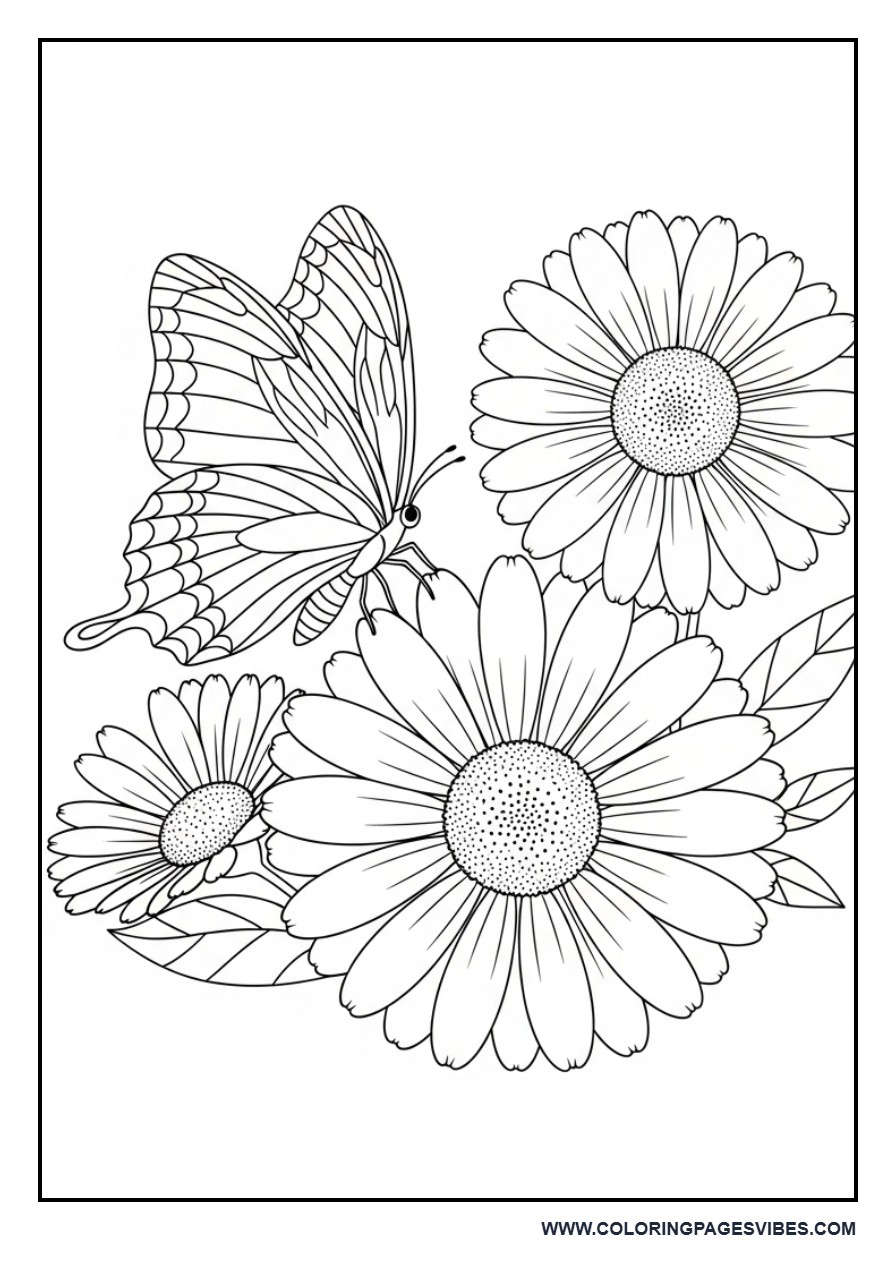 Butterfly and Big Daisy Flowers
