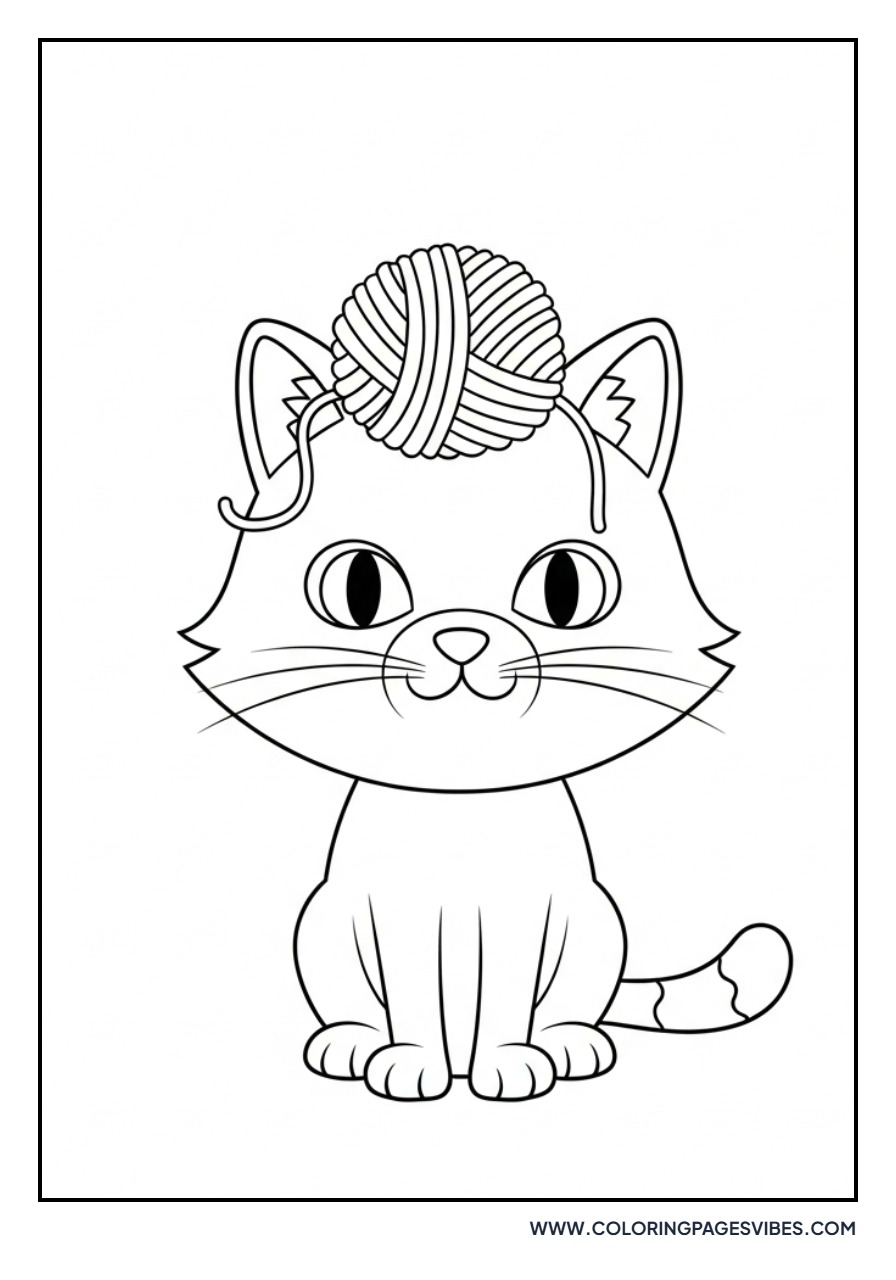 Cartoon Cat with Ball of Yarn on Head