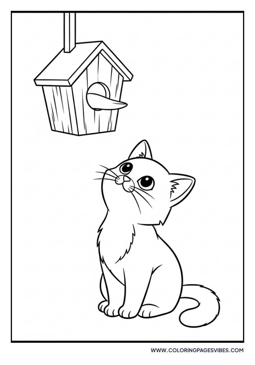 Cartoon Cat with Birdhouse