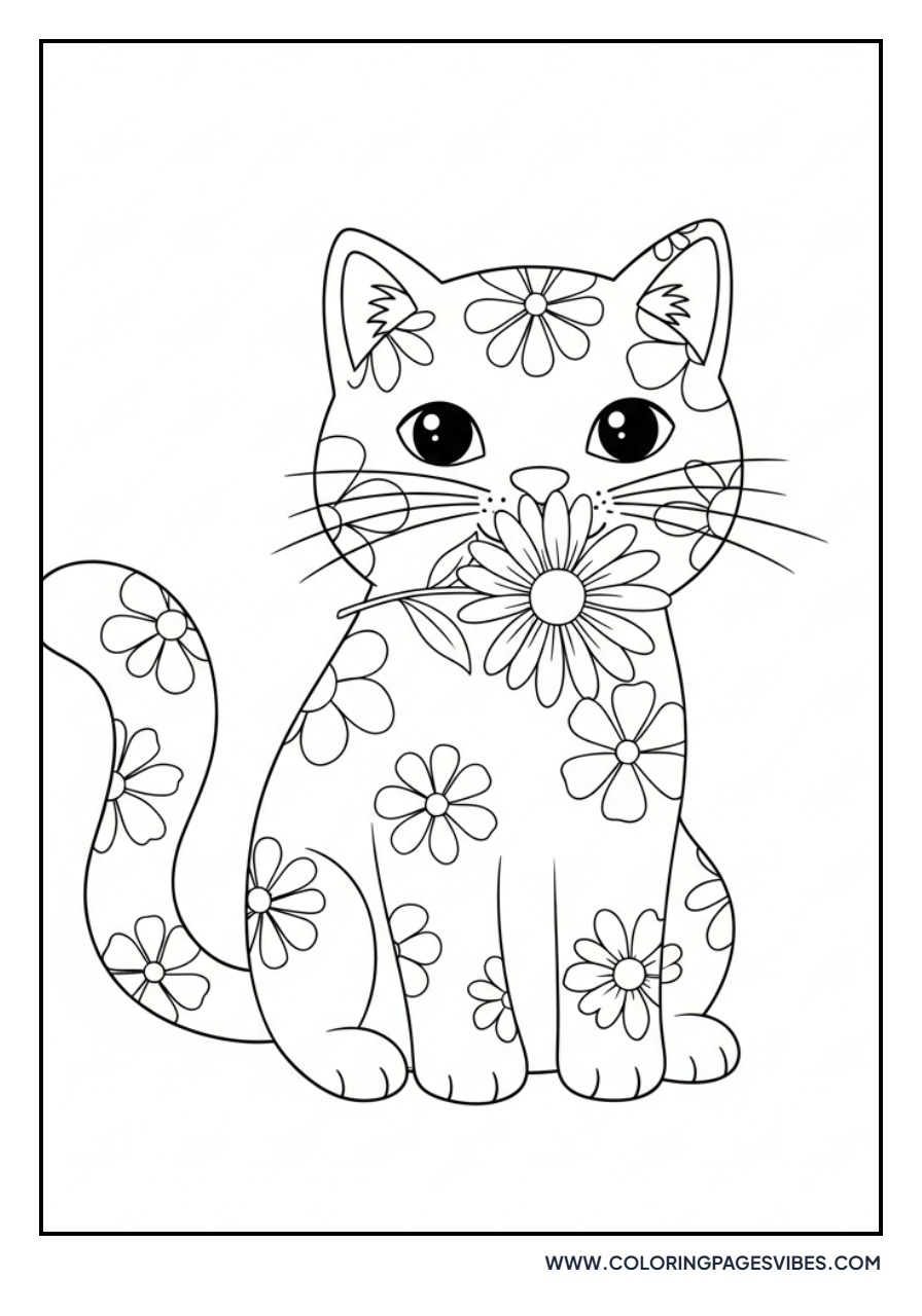 Cartoon Cat with Flower