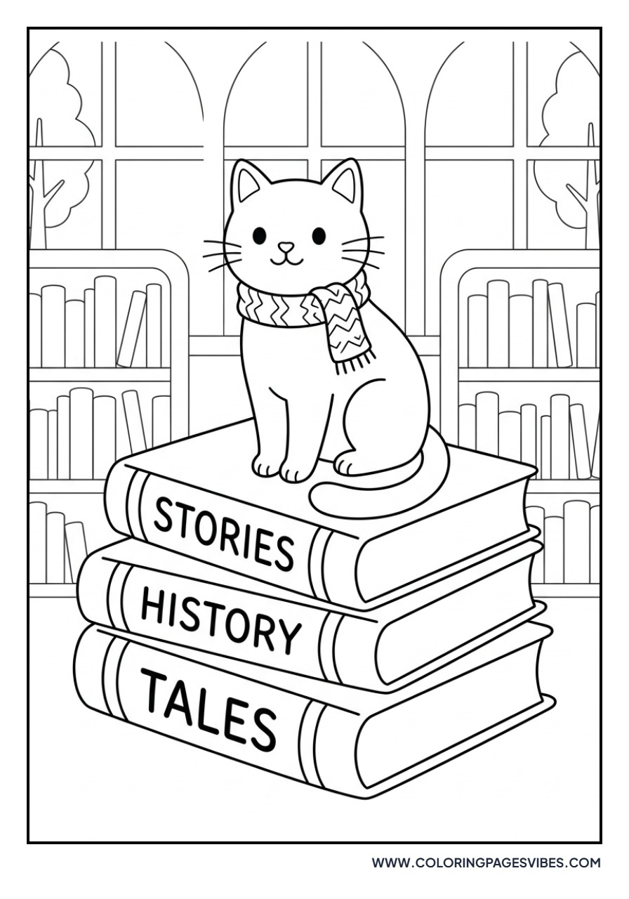 Cat Sitting on a Pile of Books