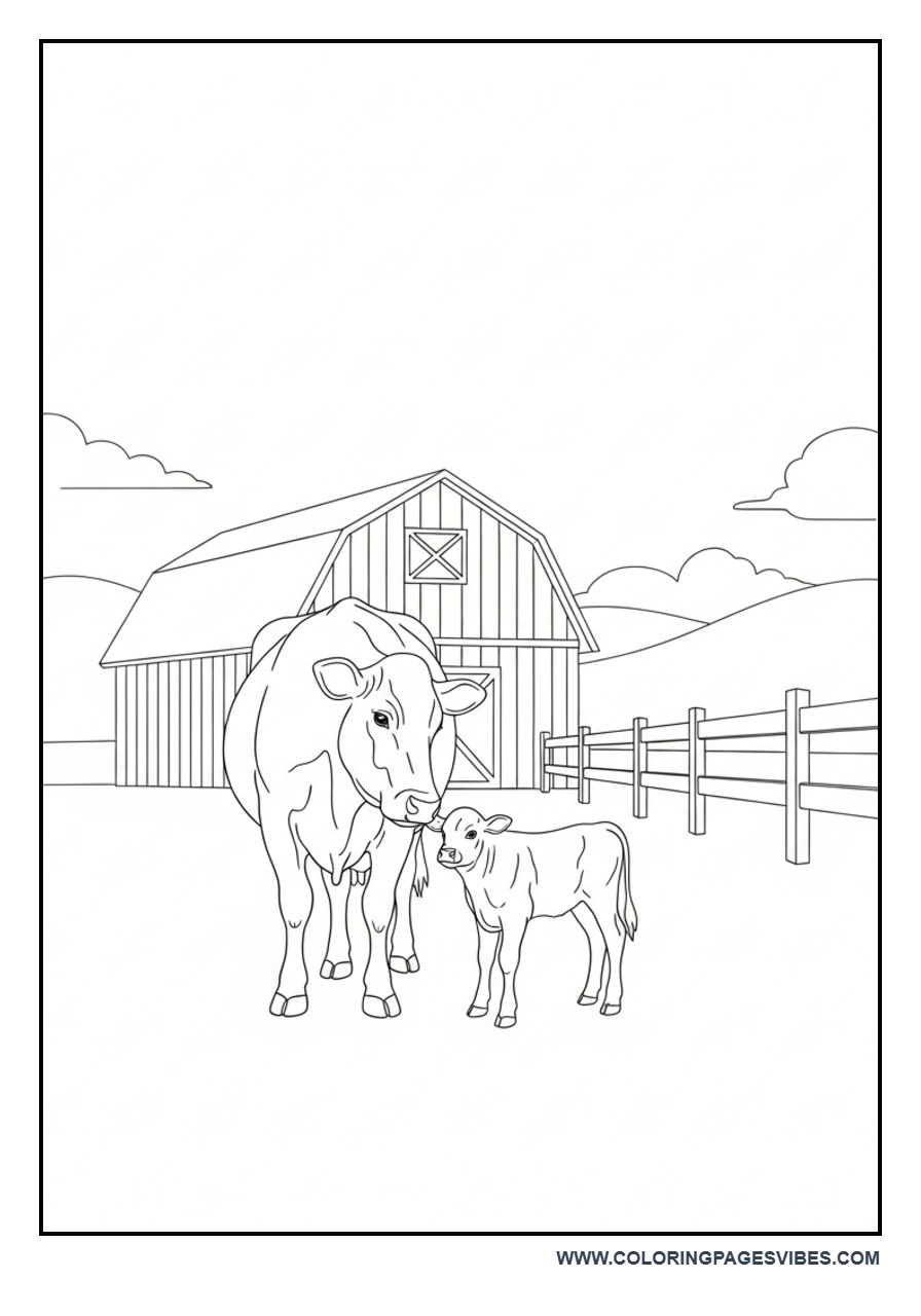 Cow Family in Farm Scene