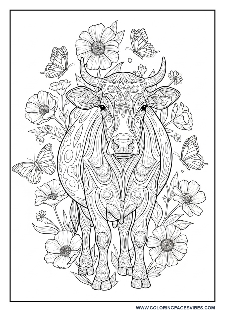 Cow with Butterflies and Flowers