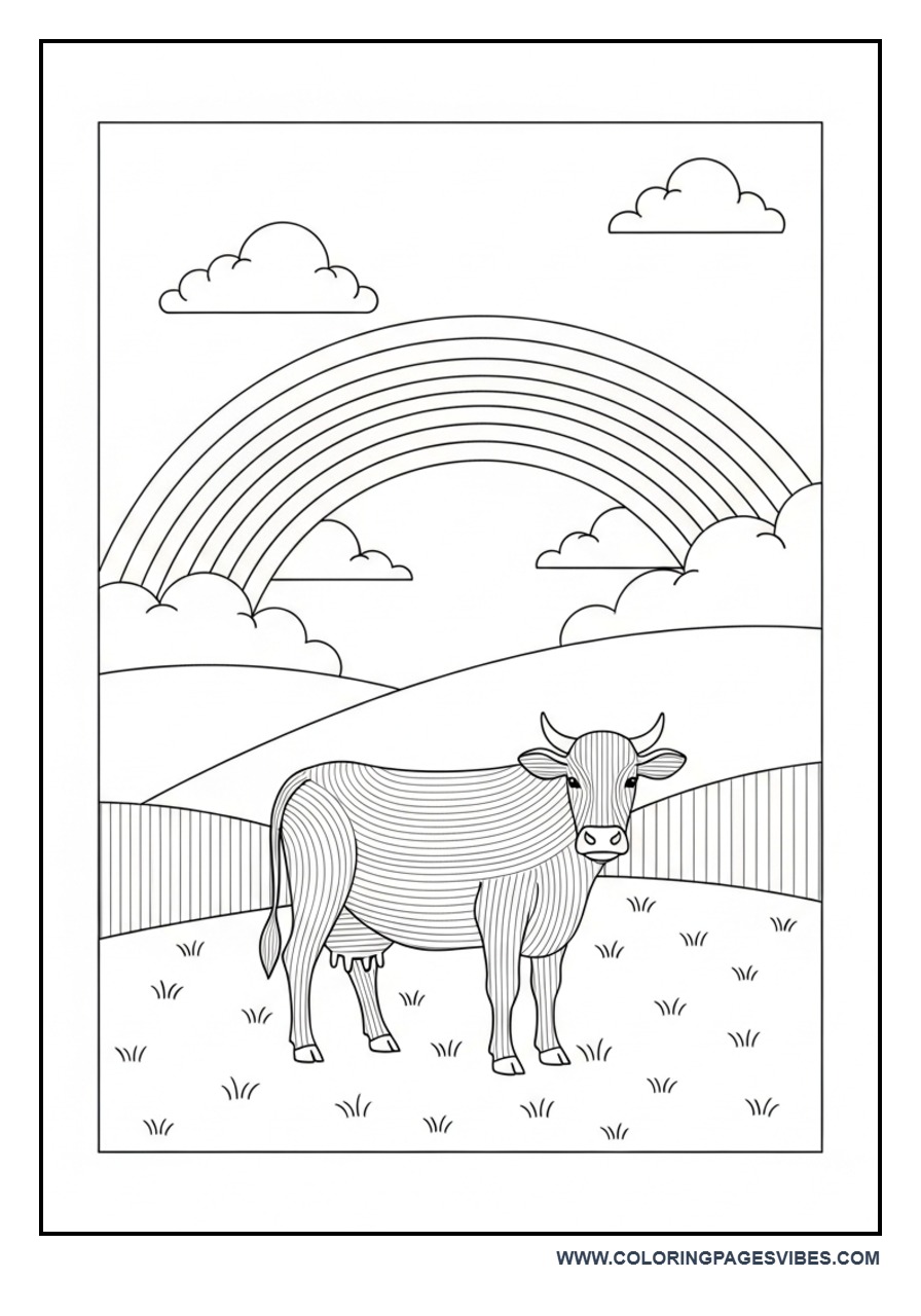 Cow with Rainbow Farm Scene