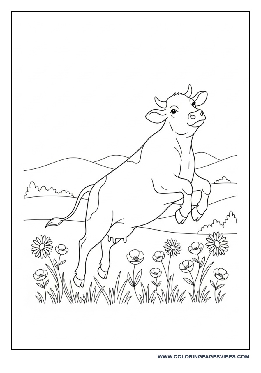 Happy Cow Jumping in Meadow