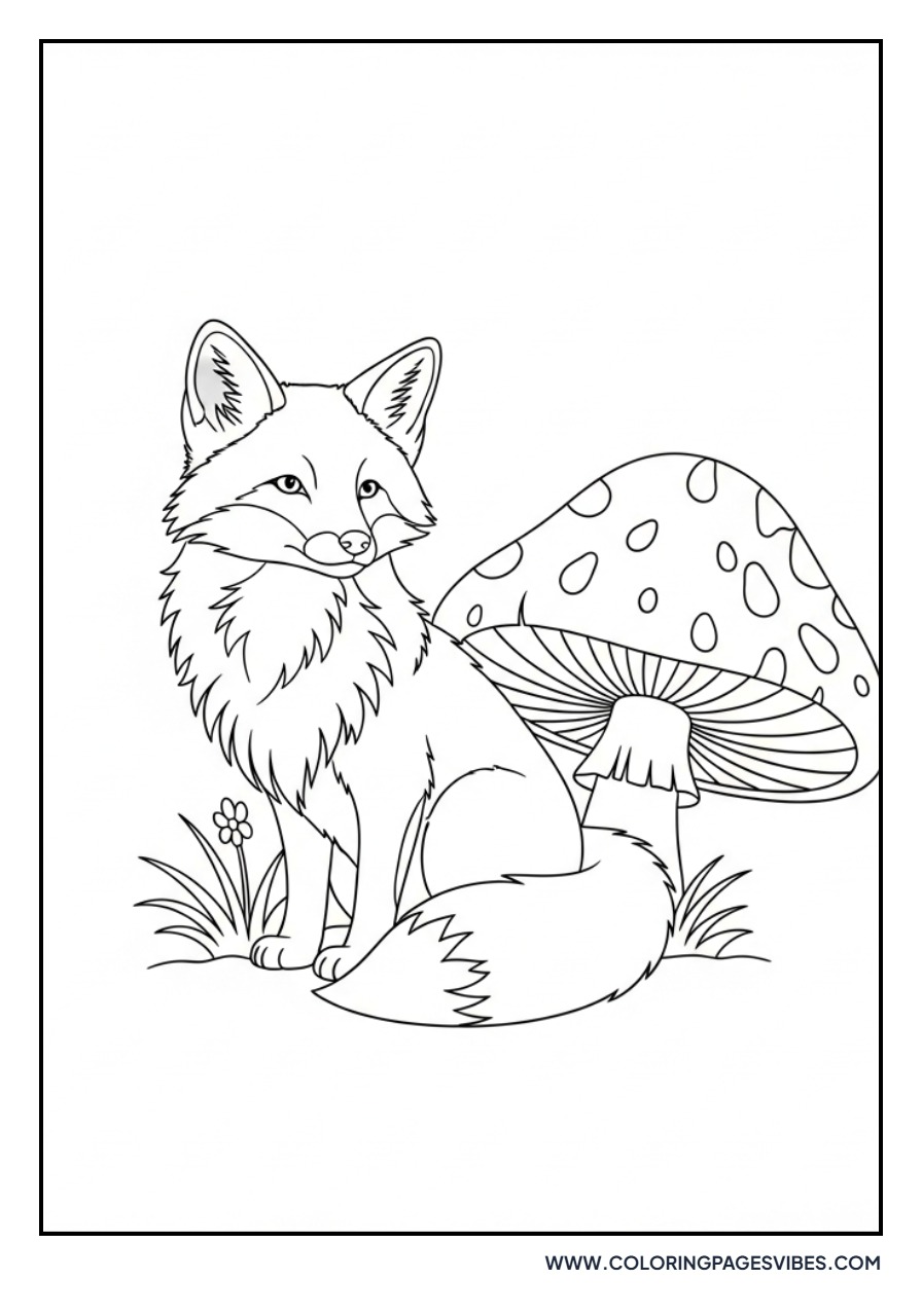 Fox Near Large Mushroom