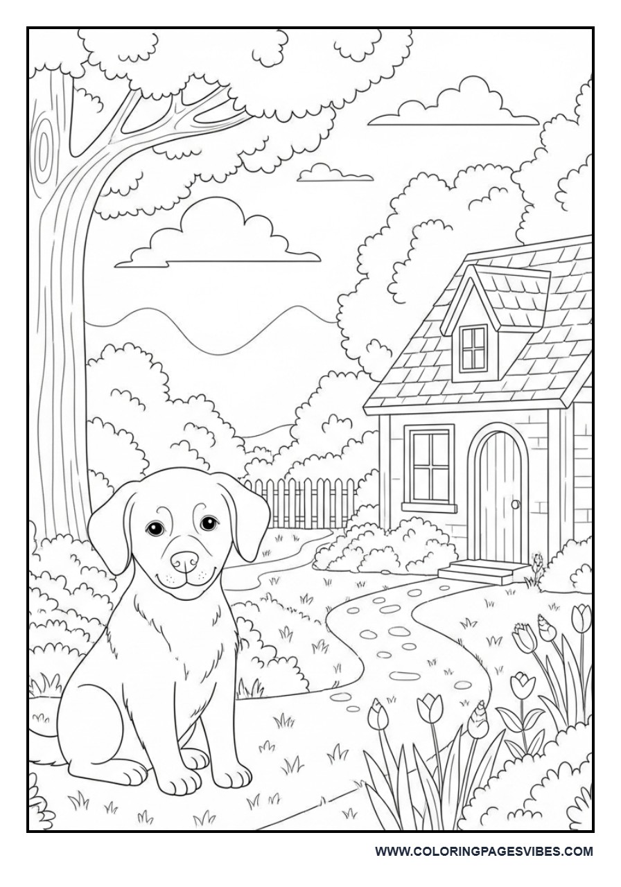 Dog and Cottage Scene