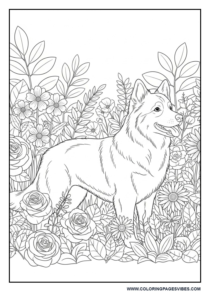 Dog in Flower Garden Detailed