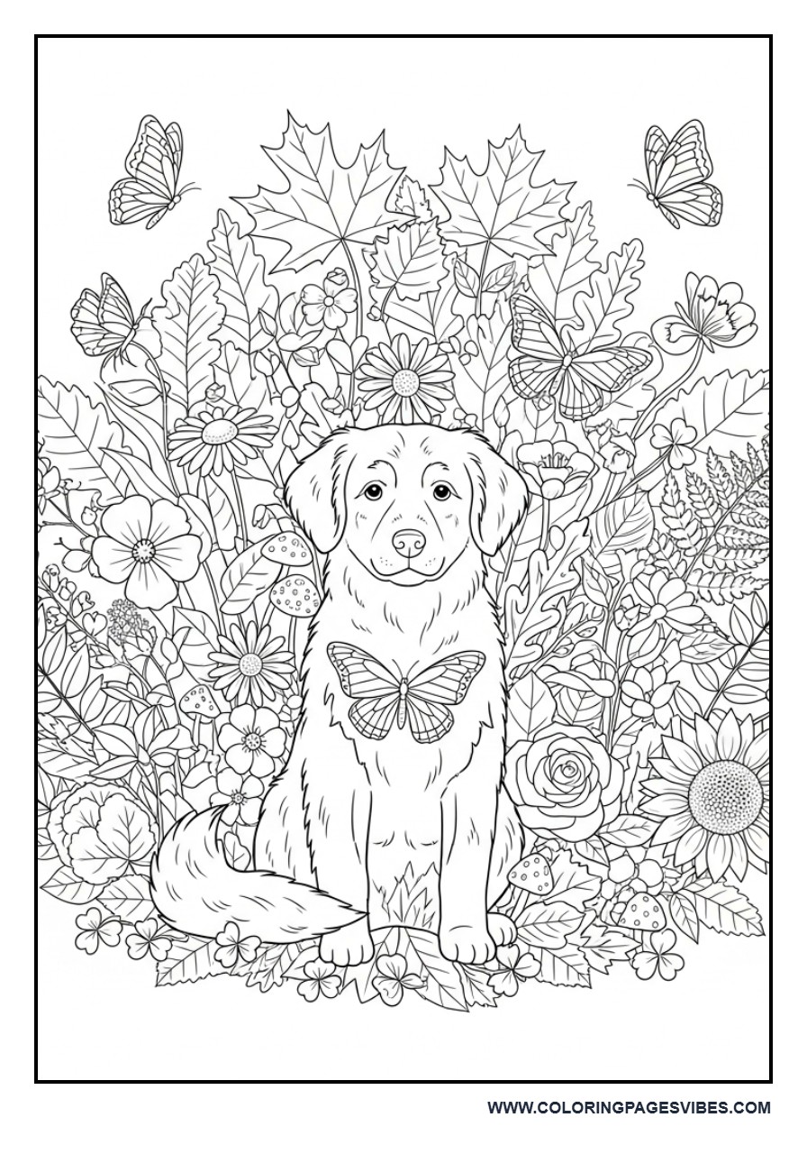 Dog Surrounded by Nature Elements