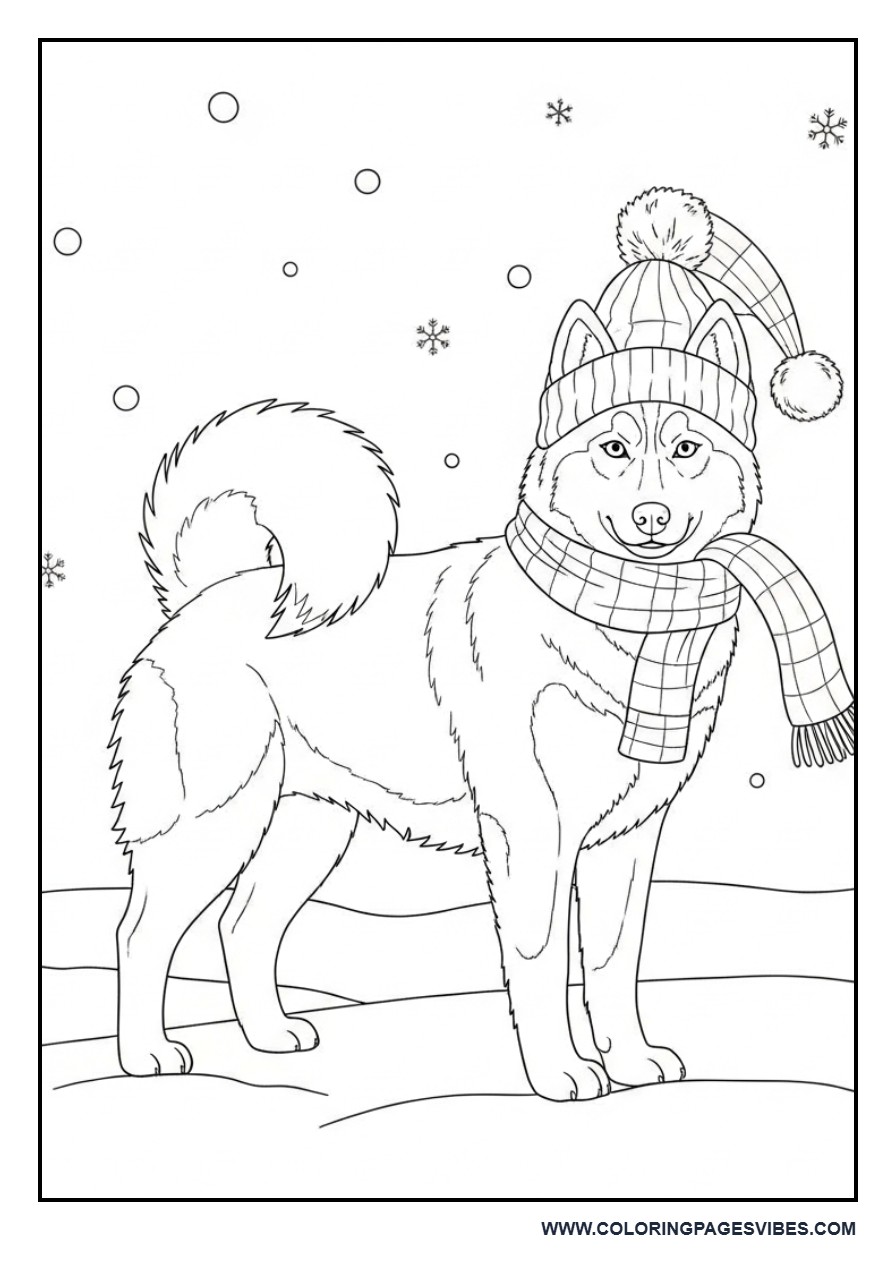 Husky Dog Standing in Snow