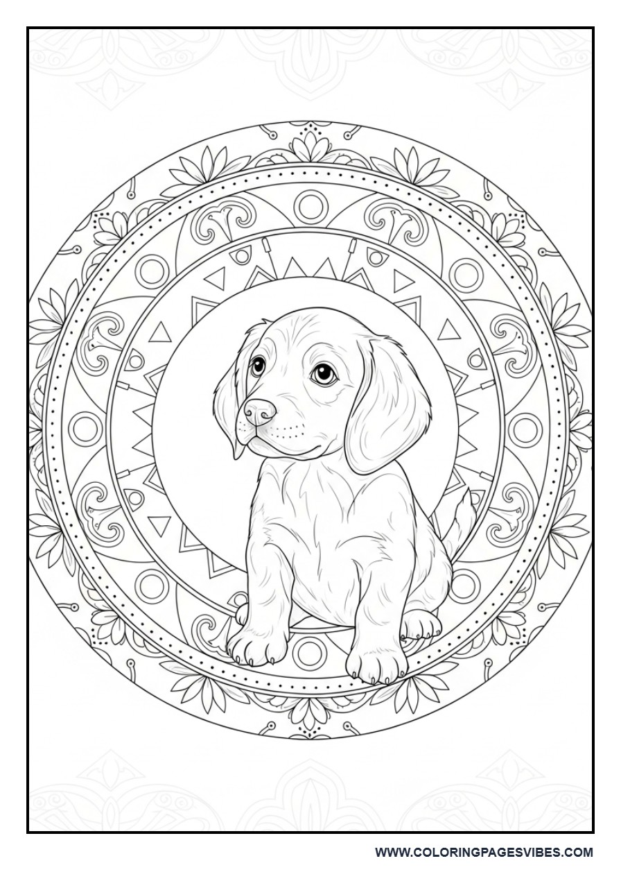 Puppy in Circular Mandala Frame