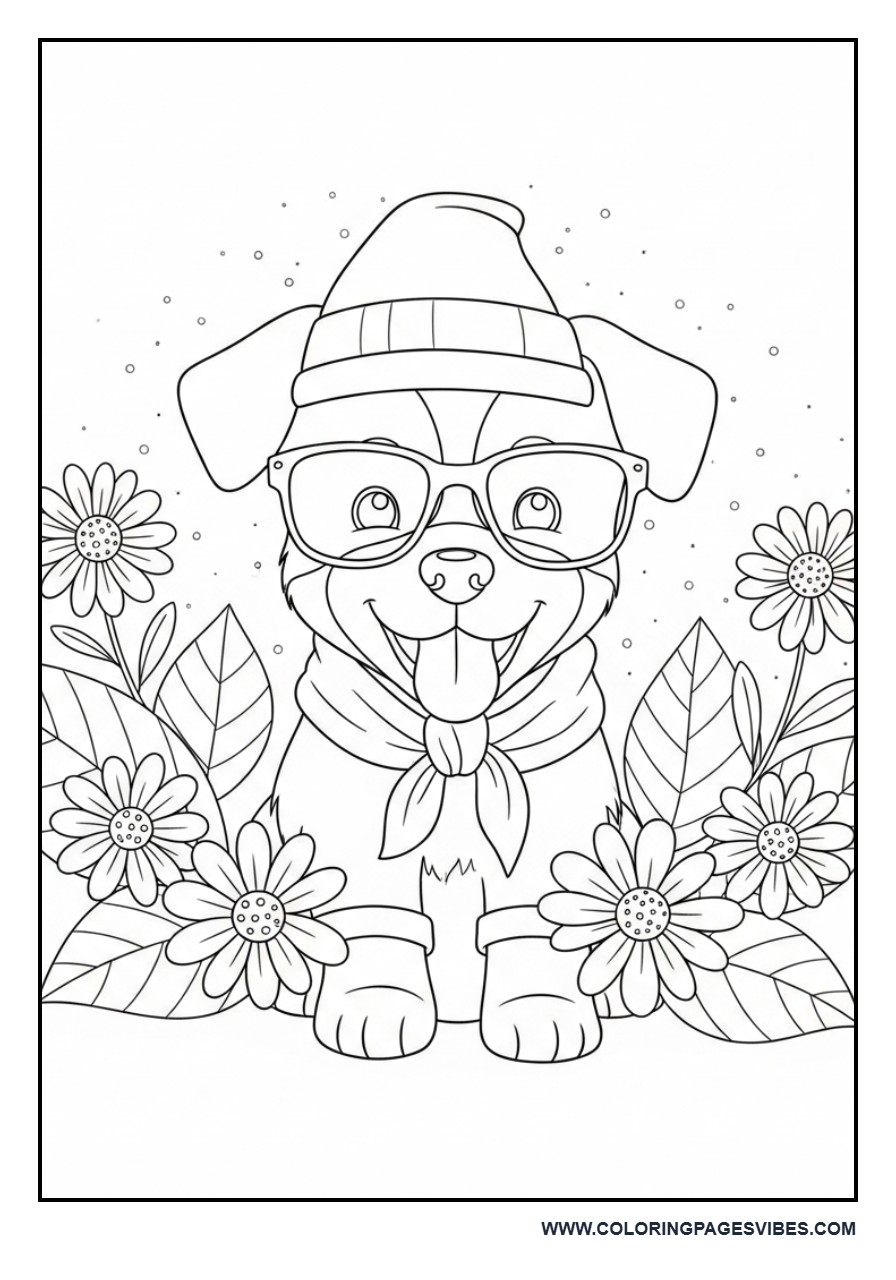 Puppy in Flower Garden