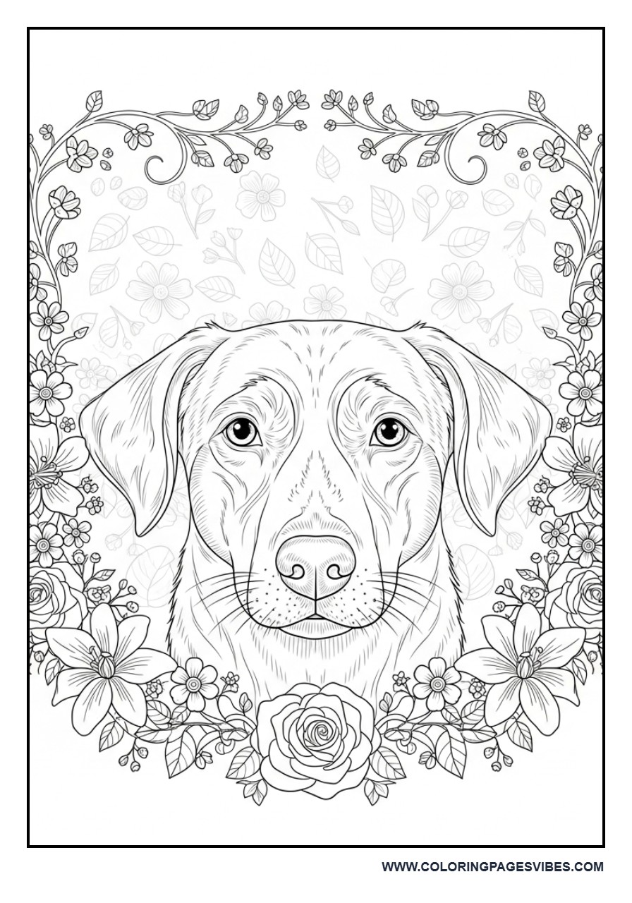 Realistic Dog Portrait with Floral Frame