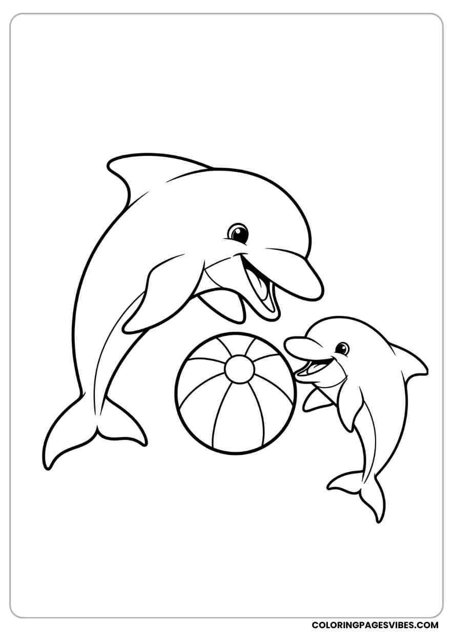 Dolphin Mom and Baby With Beach Ball Coloring Page