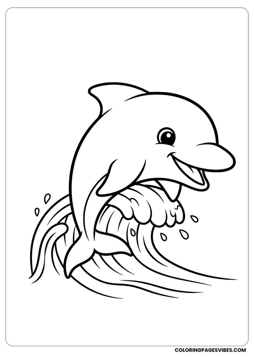 Cute Dolphin With a Wave Coloring Page