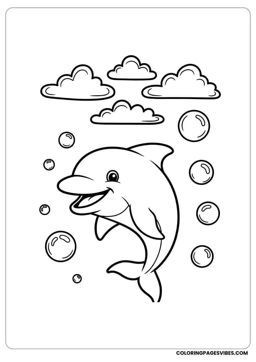 Happy Dolphin Under Clouds With Bubbles Coloring Page
