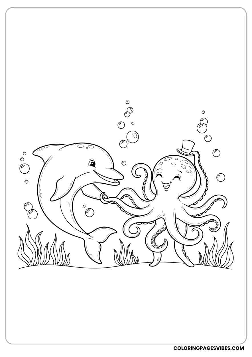 Dolphin and Octopus Dancing Under the Sea Coloring Page