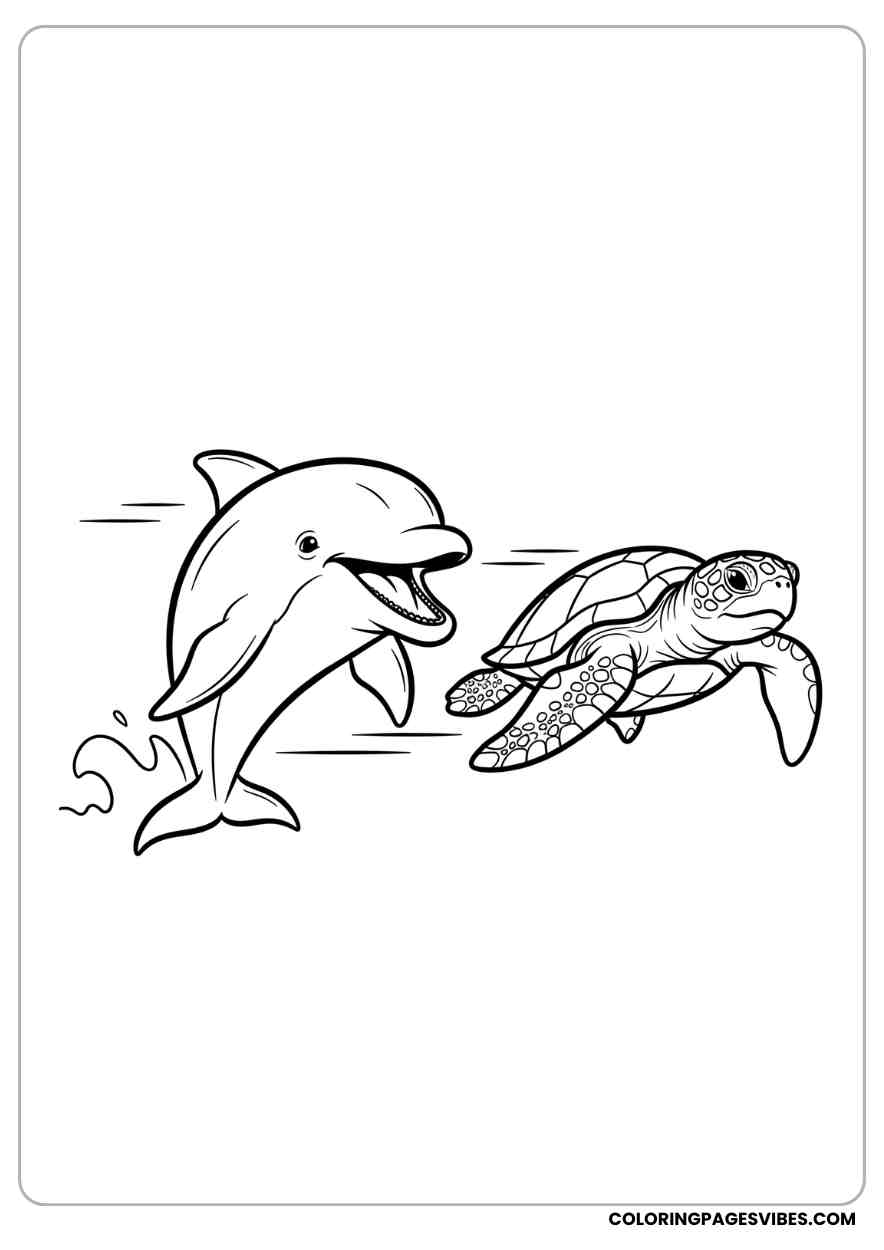 Happy Dolphin and Sea Turtle Race Coloring Page
