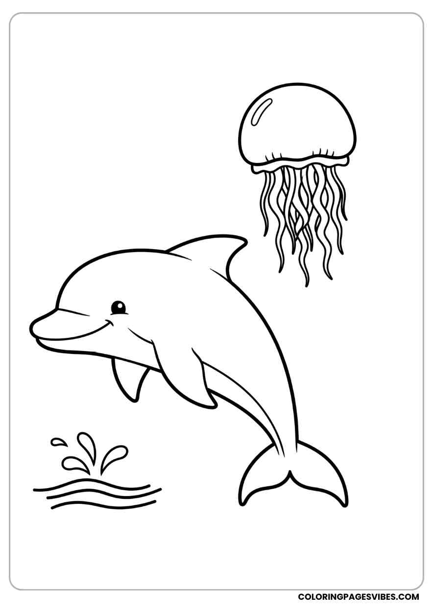 Cartoon Dolphin and Jellyfish Coloring Page