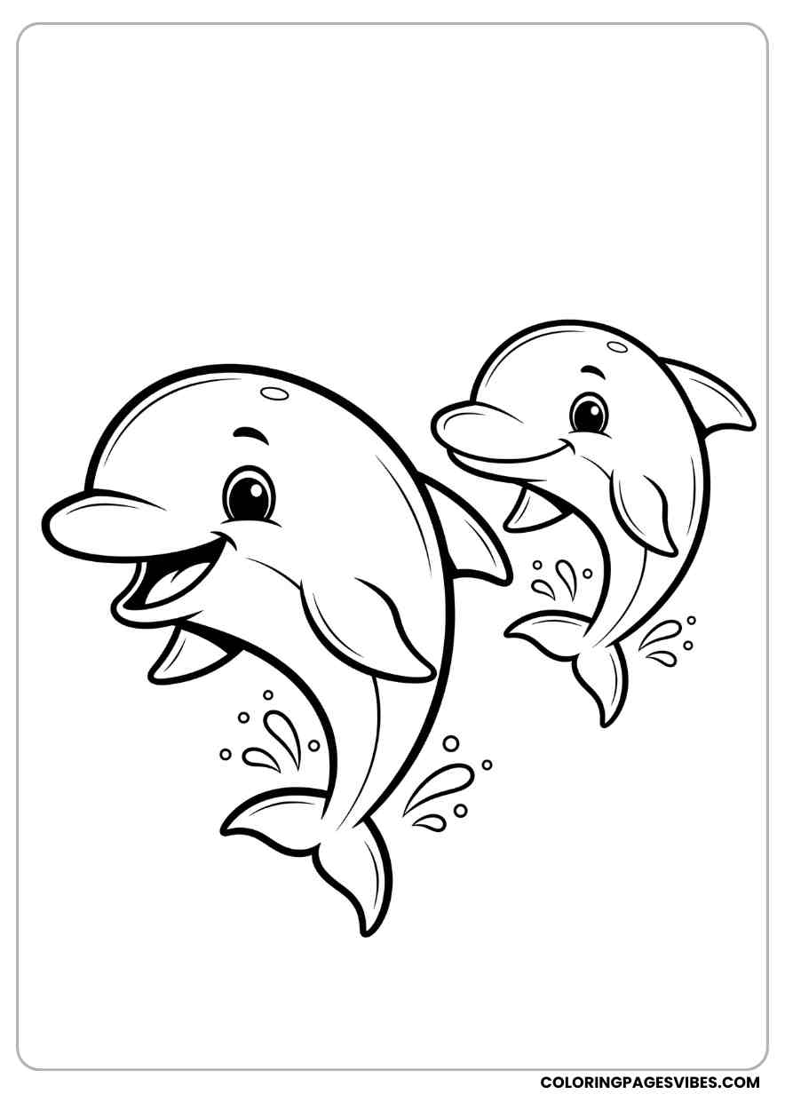 Two Baby Dolphins Jumping Over Waves Coloring Page
