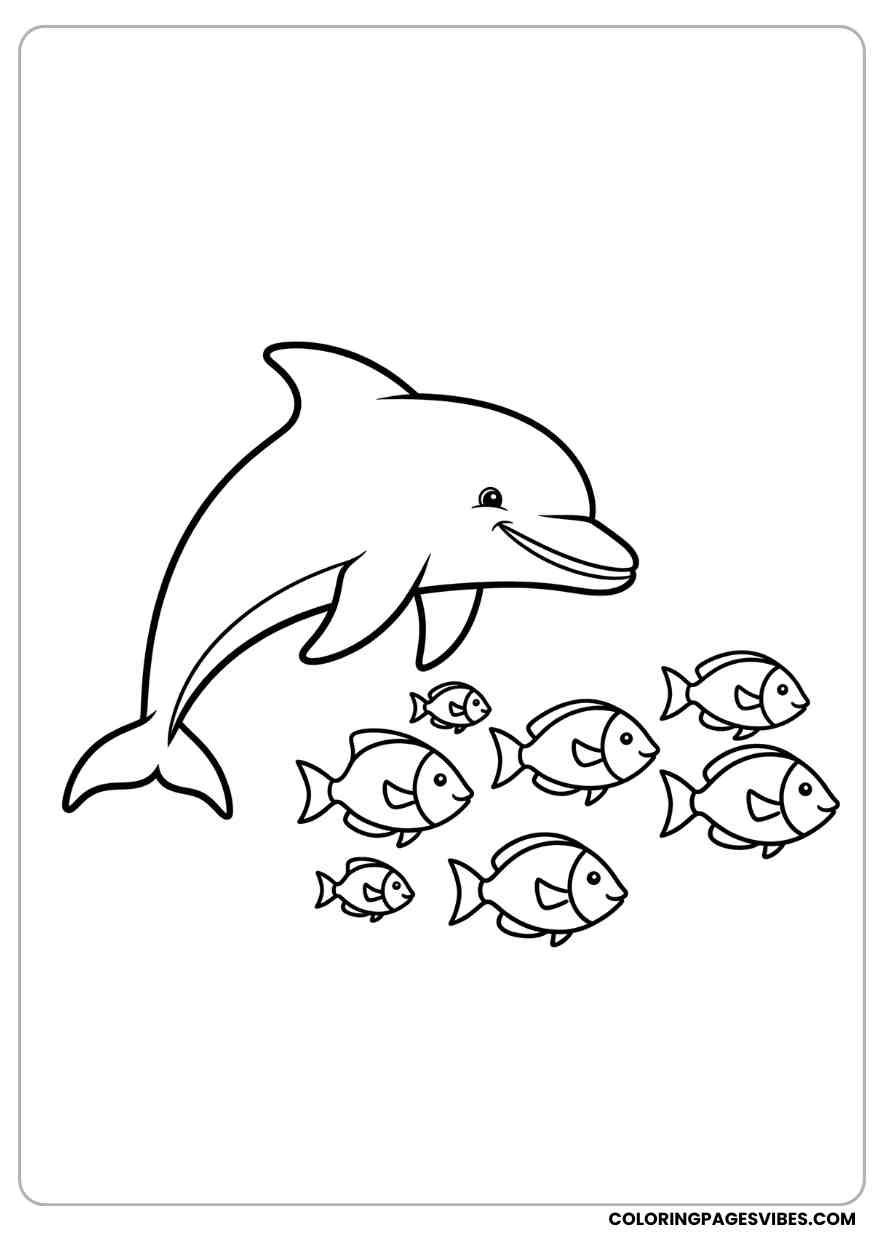 Happy Dolphin and Fish Friends Coloring Page