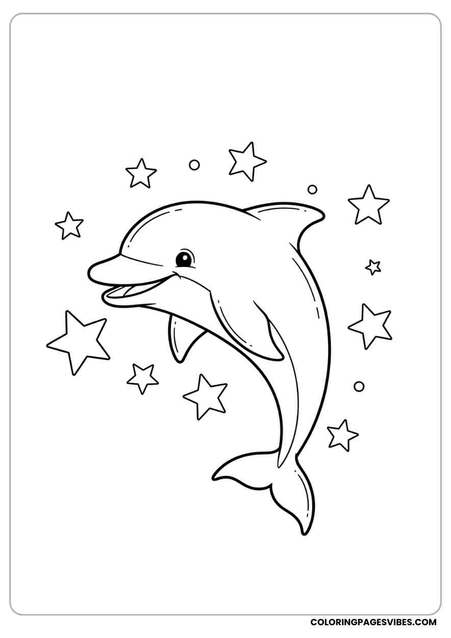 Happy Dolphin and Stars Coloring Page