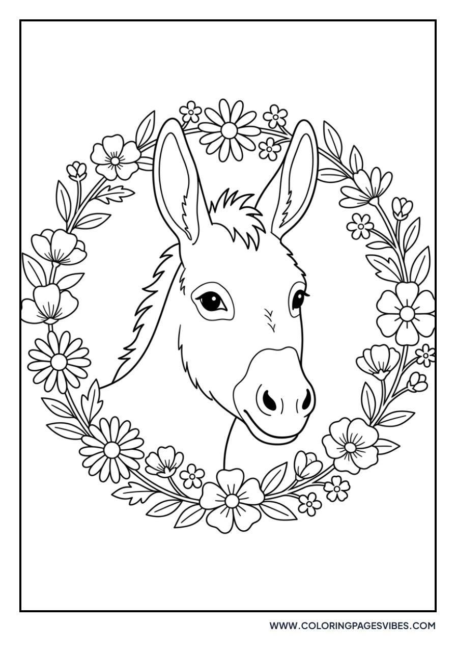 Donkey Portrait with Flowers