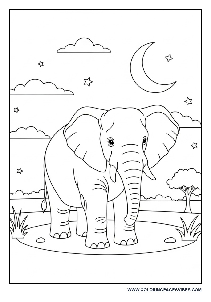 Elephant Night Scene (Stars & Moon)