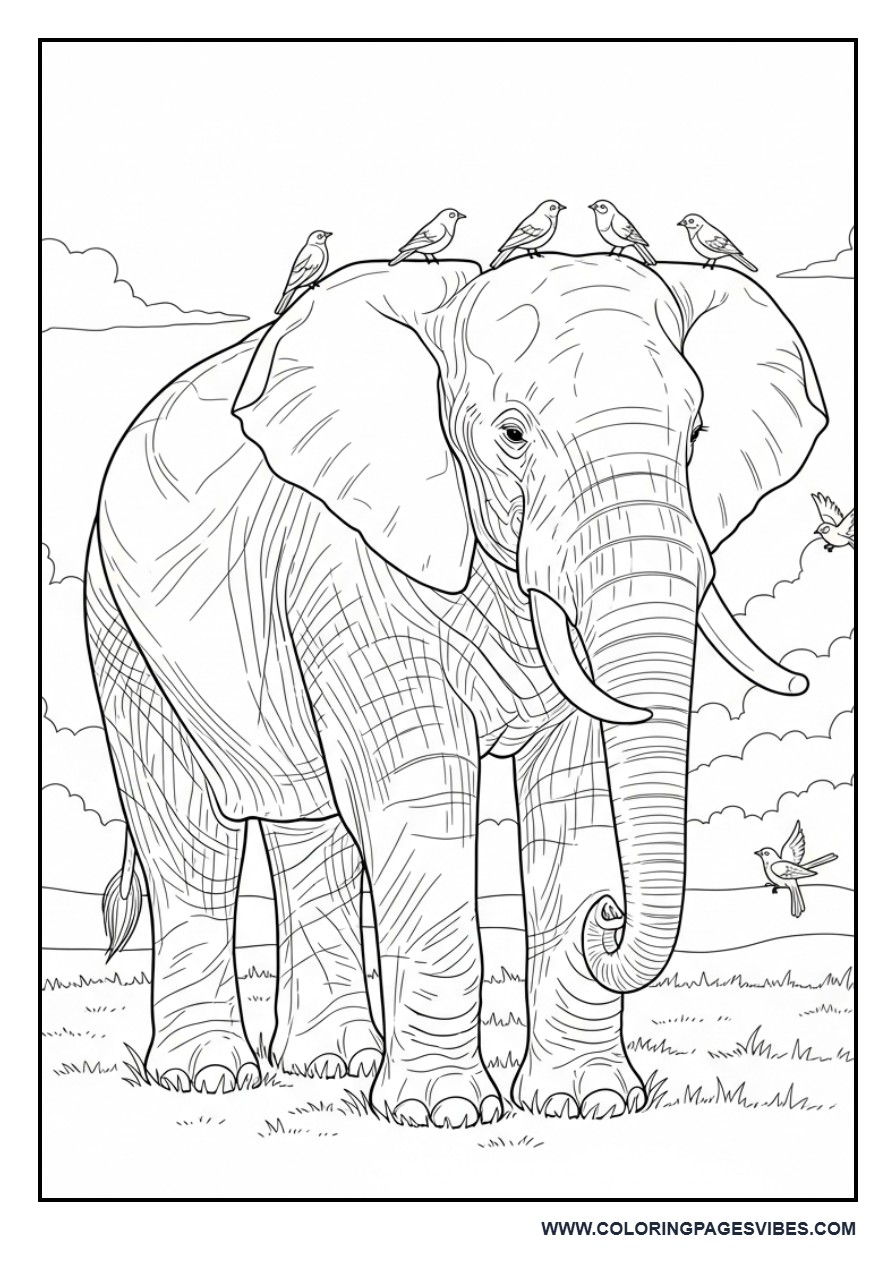 Elephant with Birds (Nature Scene)