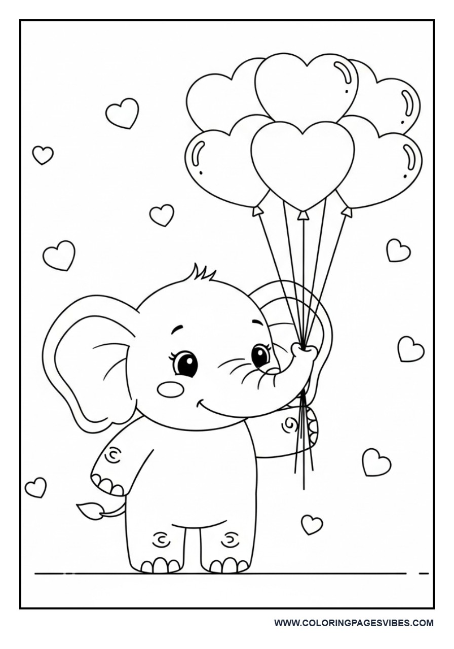 Valentine Elephant with Heart Balloons