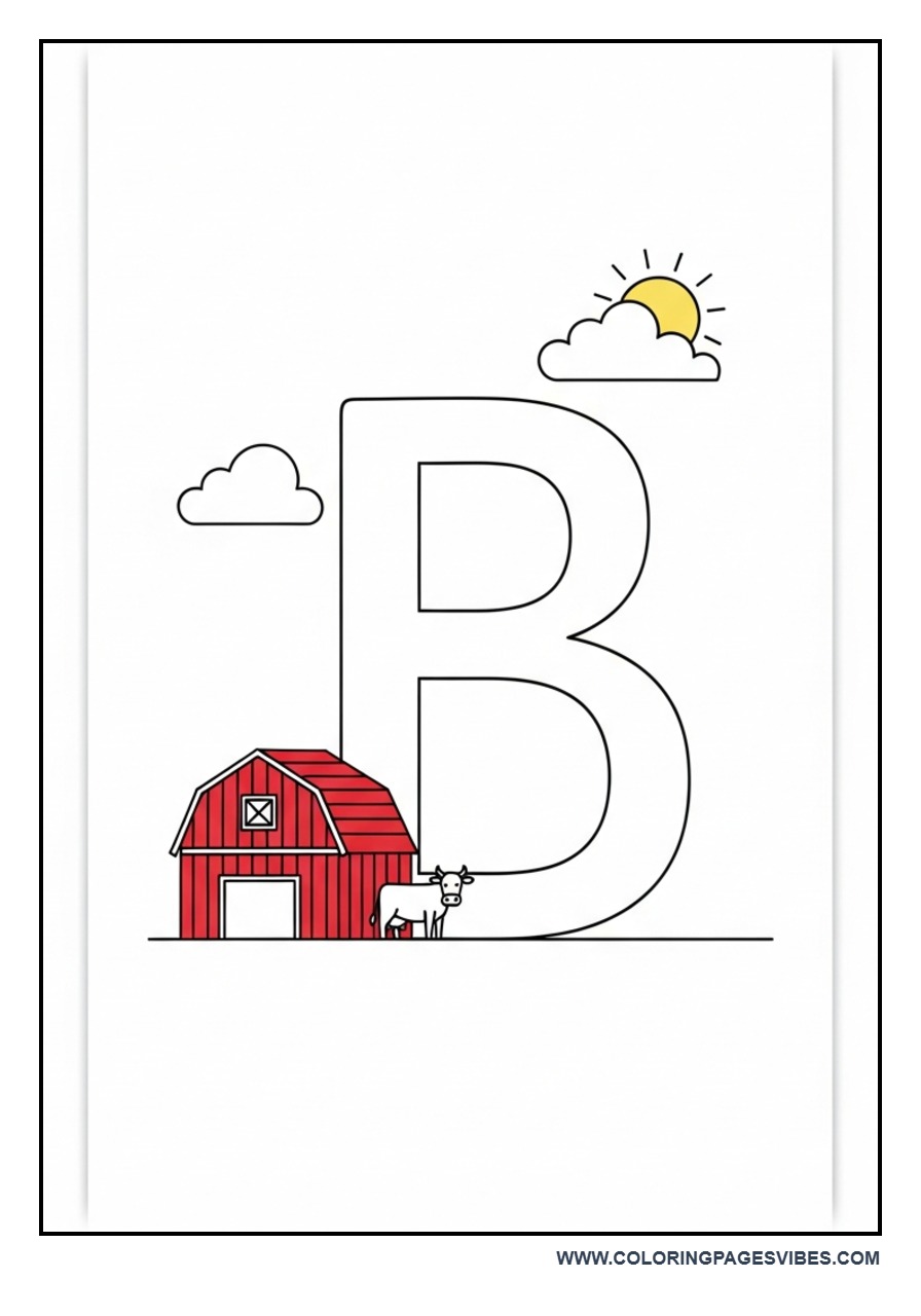 B for Barn with Cow Coloring Page