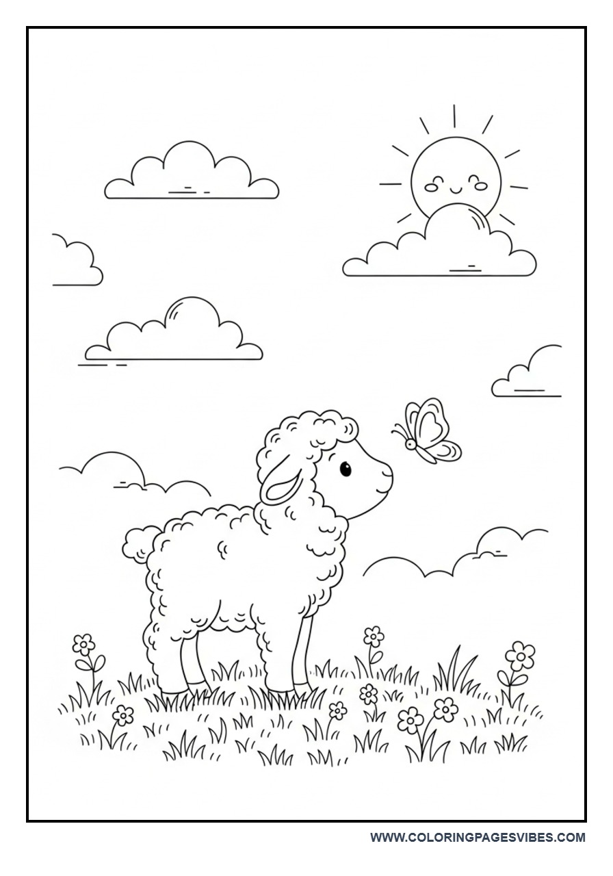 Baby Sheep Playing with Butterfly Coloring Page