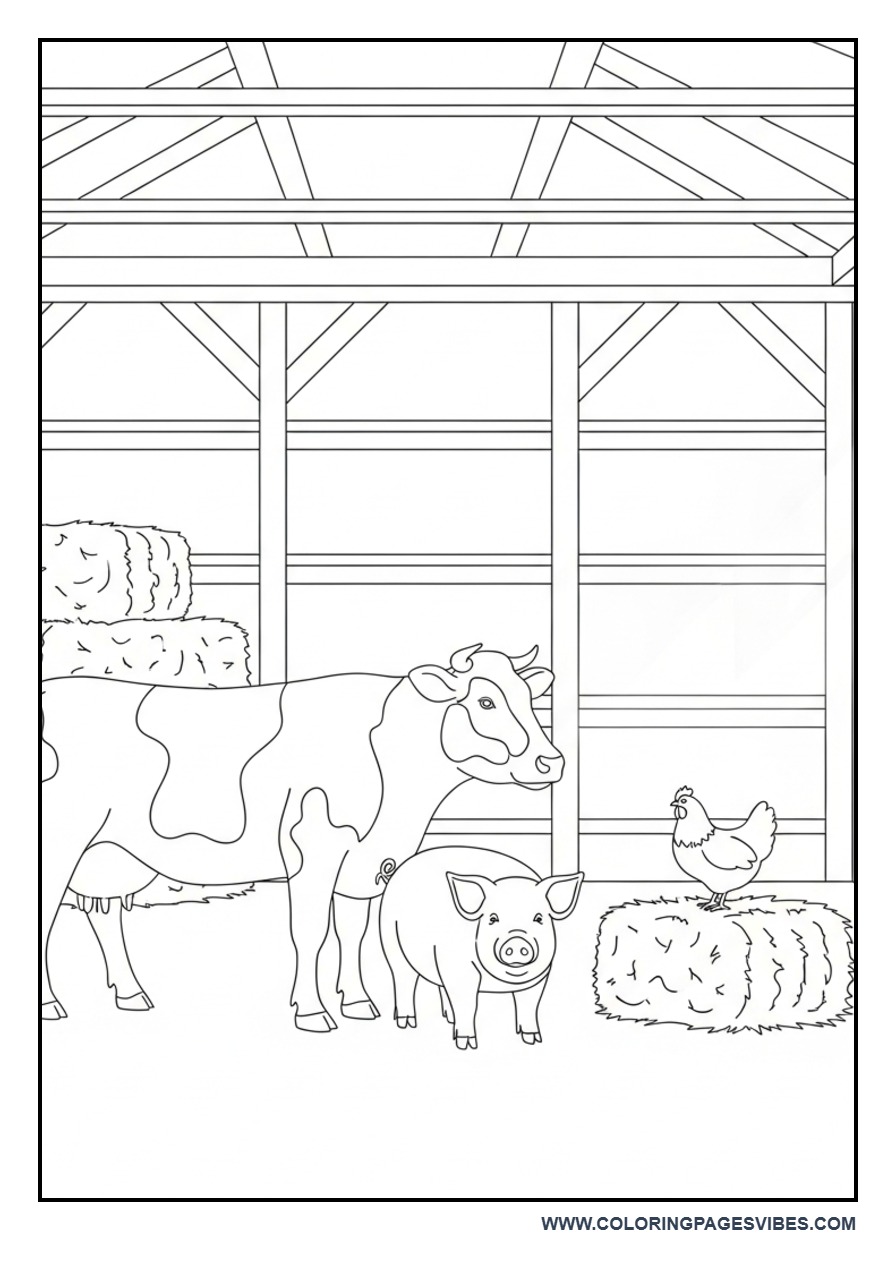 Barn Interior with Animals Coloring Page