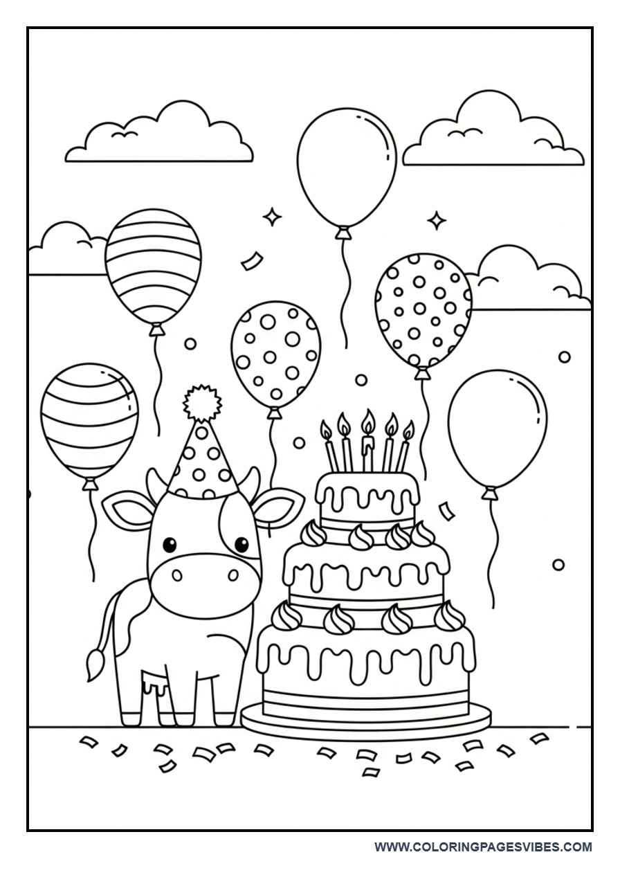 Birthday Cow with Cake Coloring Page