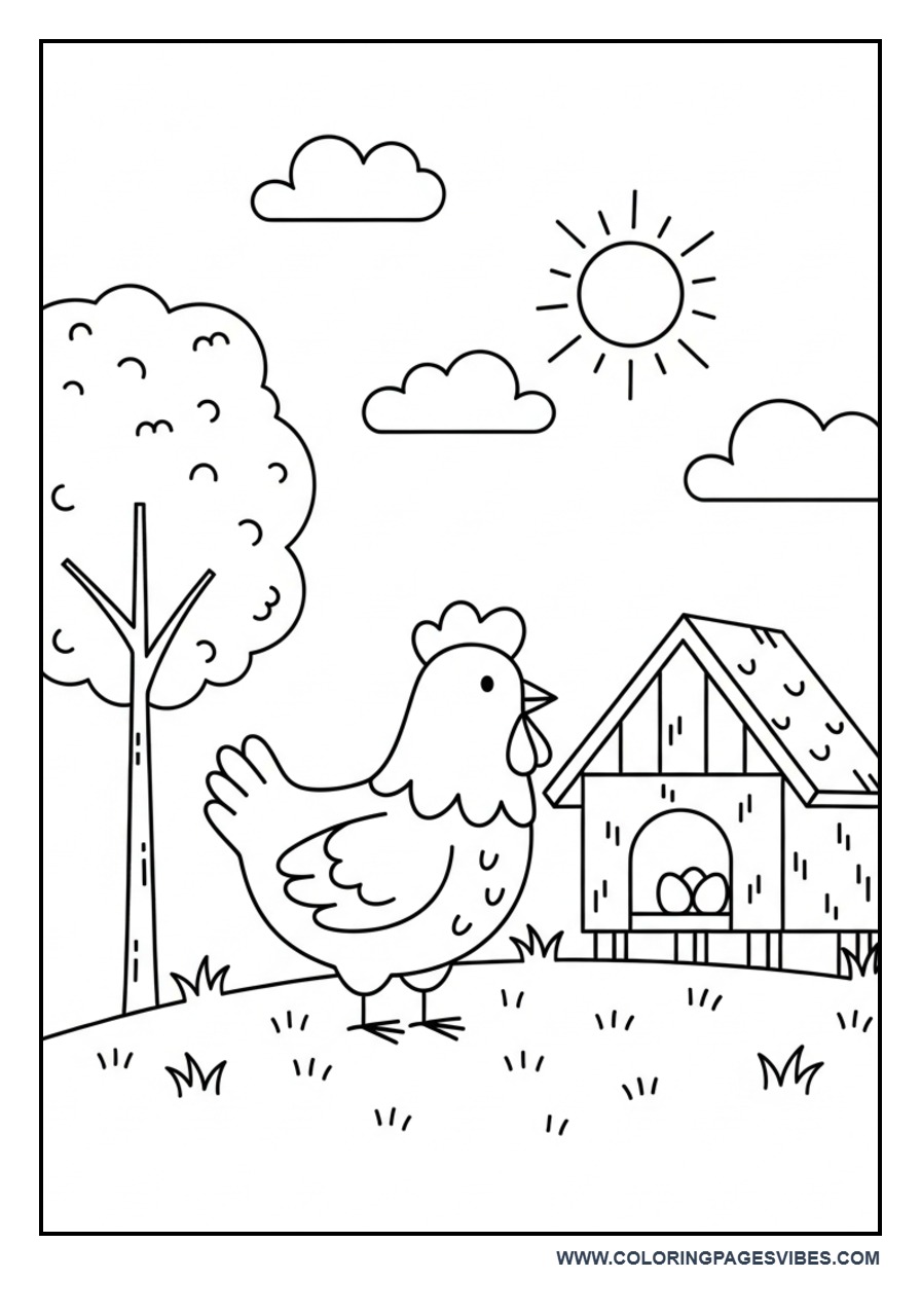 Chicken Coop Farm Scene Coloring Page