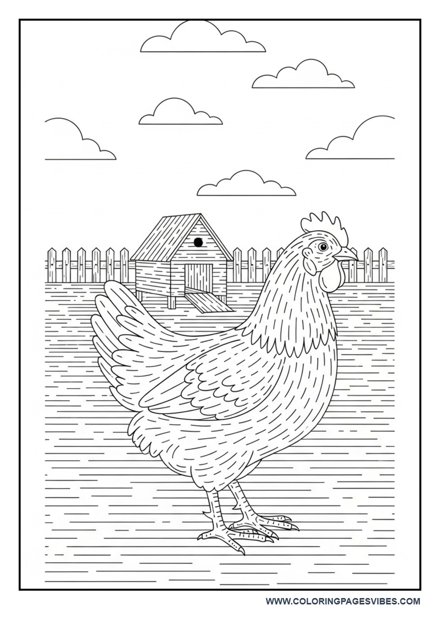Chicken Farmyard Scene Coloring Page