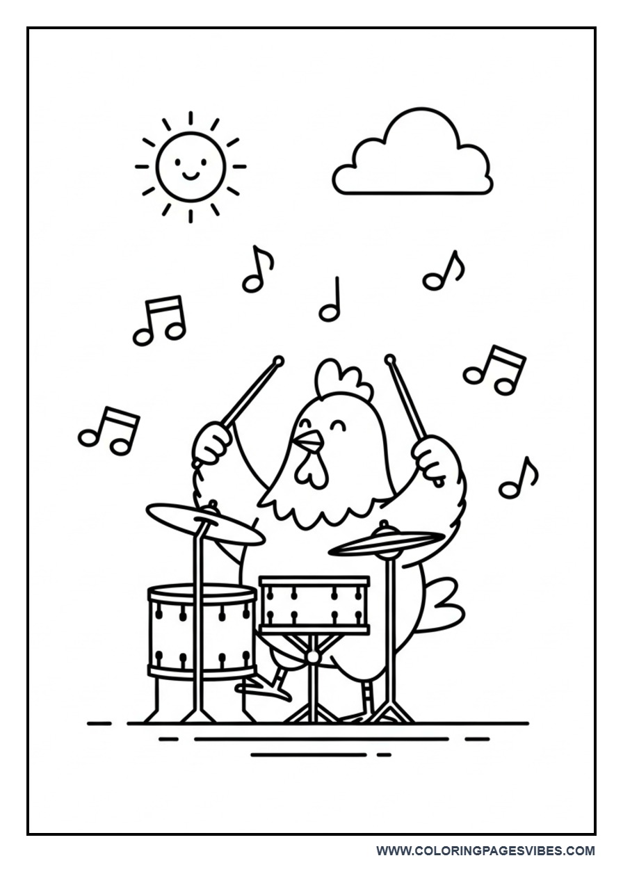Chicken Playing Drum Coloring Page