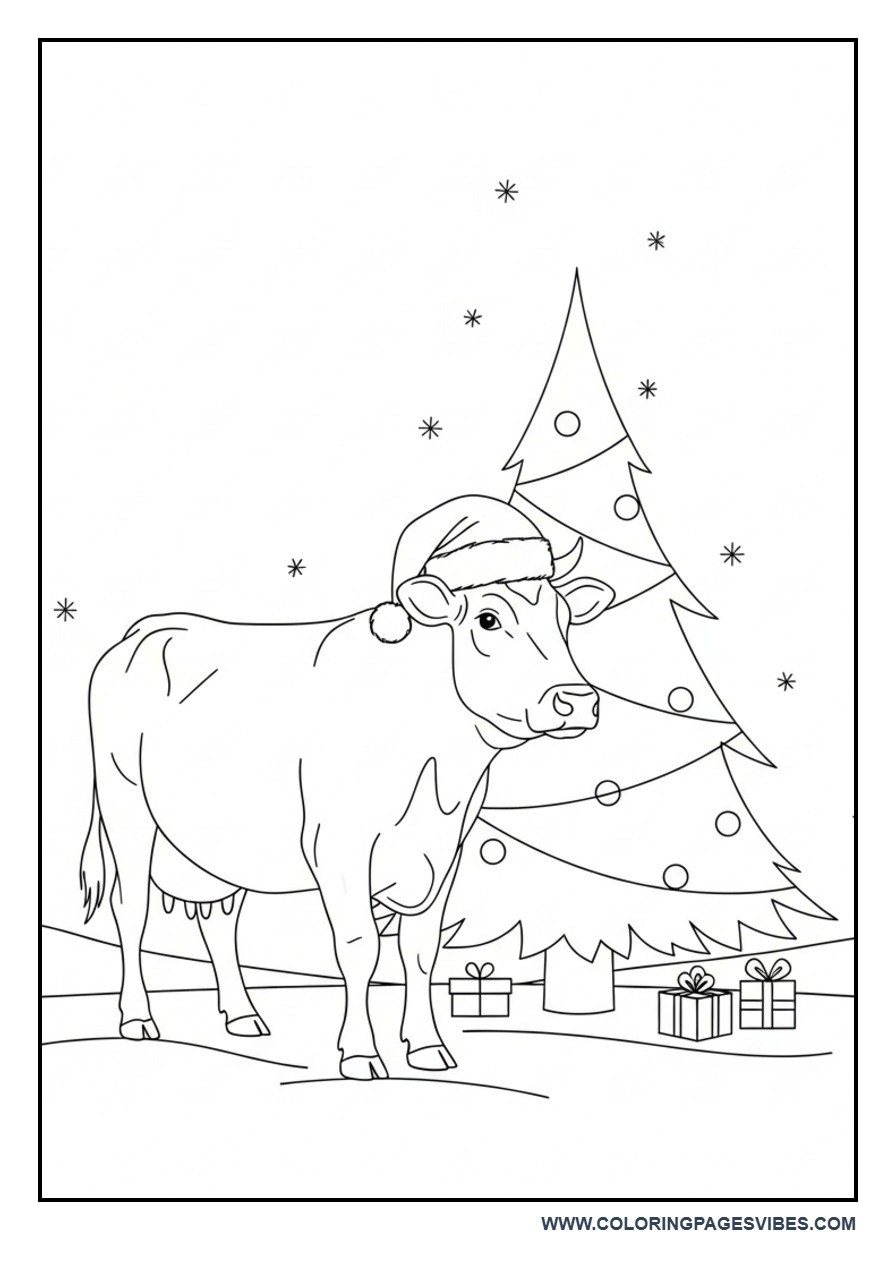 Christmas Cow with Santa Hat Coloring Page