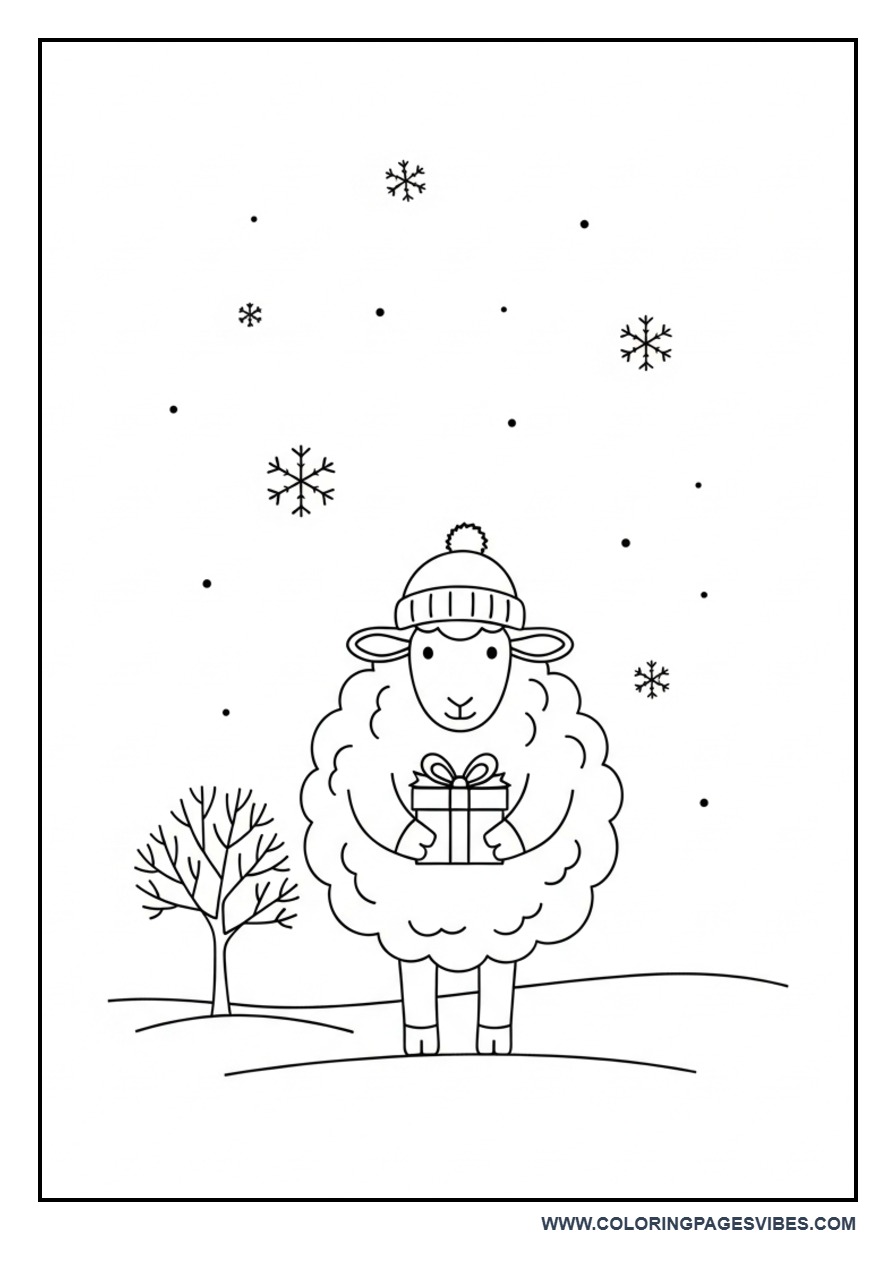 Christmas Sheep with Gift Coloring Page
